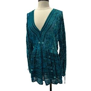 For Love & Lemons Velvet Burnout Tunic Women S Teal Excellent Mirror Embroidered